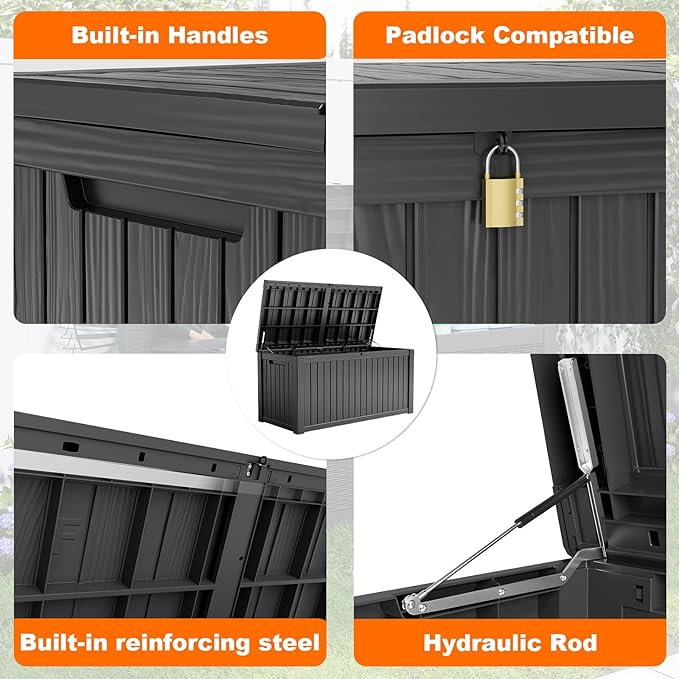 180 Gallon Resin Deck Box, Lockable Patio Outdoor Storage Box for Furniture, Garden Tools and Tools Storage, Waterproof Outside Storage Boxes - Black-HomvellaHome