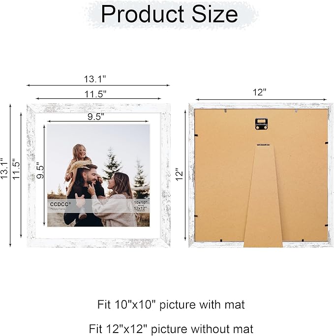 12x12 Picture Frame Set of 4, 12 x 12 Wood Photo Frames with Mat for 10x10 or 30x30cm Diamond Painting Art, Wooden Frame with Real Glass Cover for Wall and Tabletop Display,Distressed White-HomvellaHome