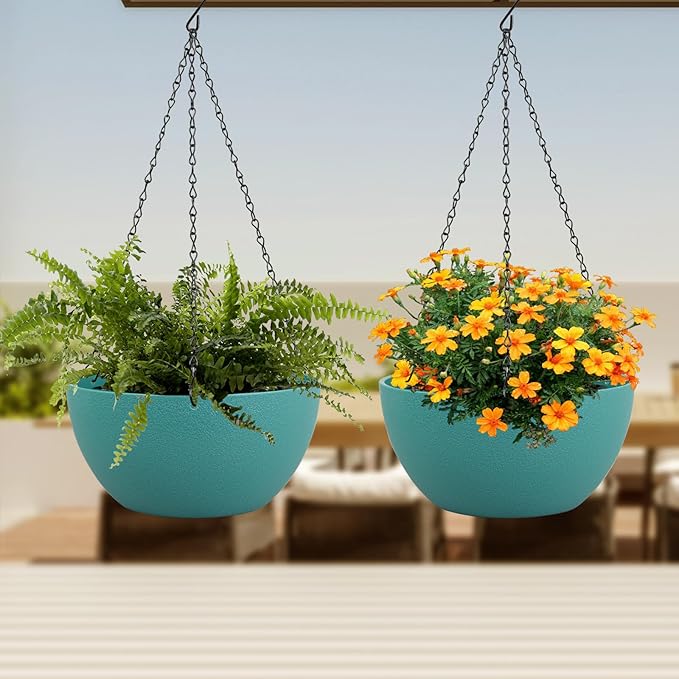 12 inch Large Hanging Planters for Indoor Outdoor Plants, 2 Pack Hanging Flower Plant Pots with Drainage Holes and Chain for Garden Porch, Plastic Hanging Baskets for House Plants, Blue Green-HomvellaHome