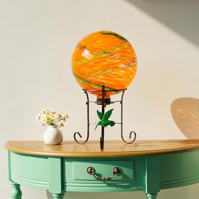 10 Inch Glass Gazing Ball, with 9.4" Tall Metal Gazing Globe Stand, Glass Balls Display Holder Set for Outdoor Garden Lawn Yard Decoration, Sunset Sky-HomvellaHome