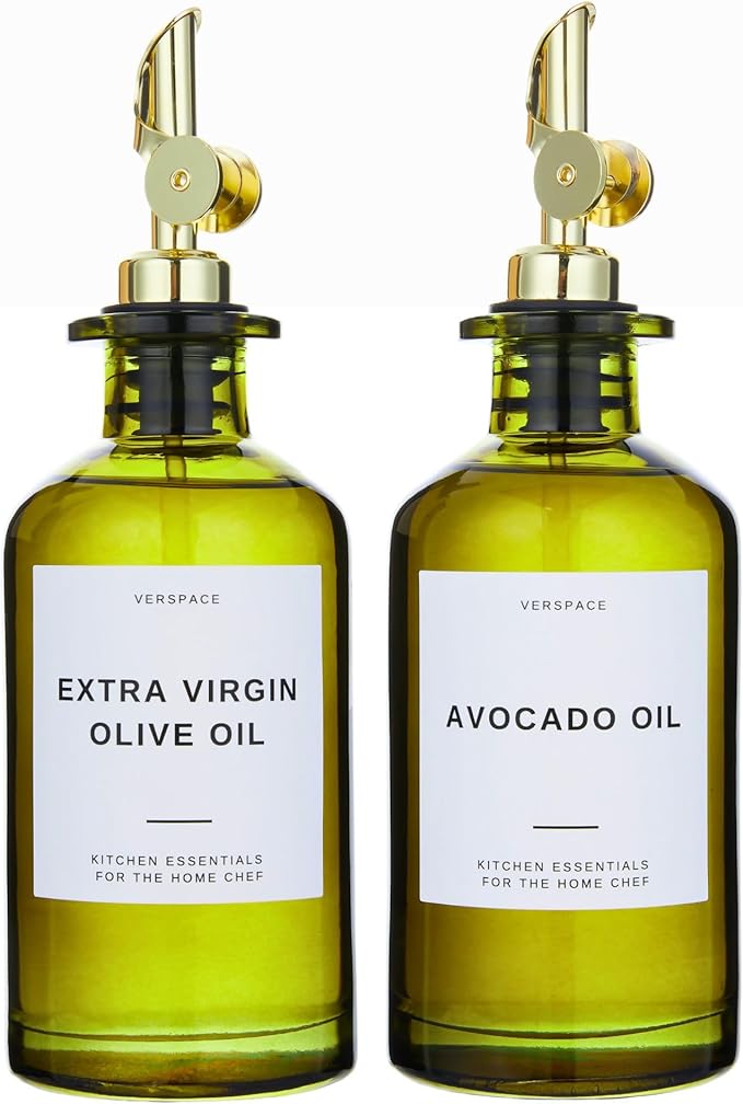 Green Glass Olive Oil Dispenser Bottle For Kitchen By Verpsace,Avocado Oil Dispenser Set, Modern Decor, Gold Kitchen Accessories for Home, Airbnb, Cafe (Gold, Set of 2)-HomvellaHome