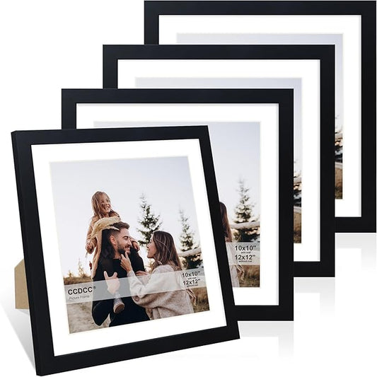 12x12 Picture Frame Set of 4, 12 x 12 Wood Photo Frames with Mat for 10x10 or 30x30cm Diamond Painting Art, Wooden Frame with Real Glass Cover for Wall and Tabletop Display,Black-HomvellaHome