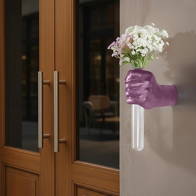 Creative Wall Hanging Sculpture, Artistic Wall Hanging Hand Sculpture with Test Tube vases, Home Decoration Hand Against Wall (Purple)-HomvellaHome