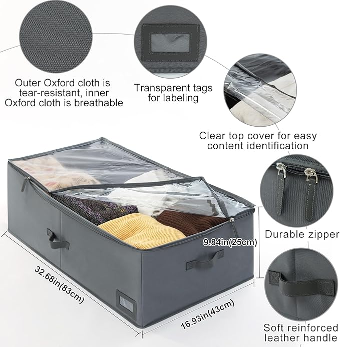 10-Inch Under Bed Organizer, Large Under Bed Storage Container, Underbed Storage Box for Seasonal Clothing, Sweaters, Shoes, Blankets, Wrapping Paper, Sheets & Toys, Yarn 33" L×17" W×10" H-HomvellaHome