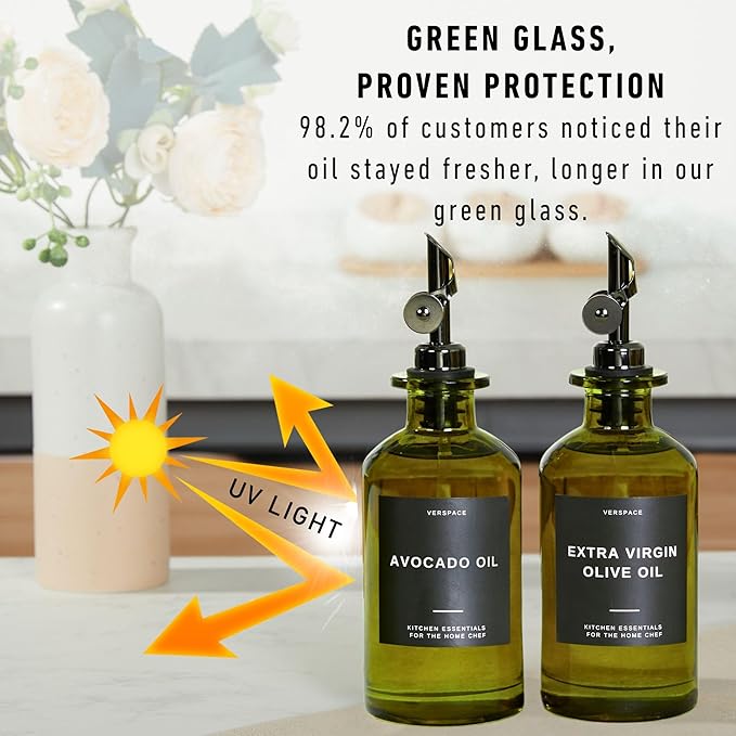 Green Glass Olive Oil Dispenser Bottle For Kitchen By Verpsace,Avocado Oil Dispenser Set, Modern Decor, Gold Kitchen Accessories for Home, Airbnb, Cafe (Black, Set of 2)-HomvellaHome