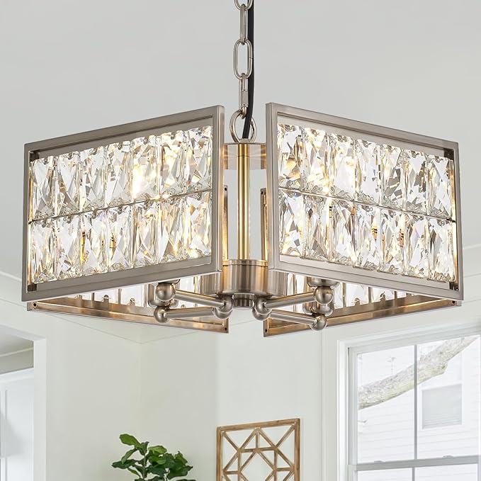 12” 4-Light Modern Crystal Chandeliers Nickel Dinning Room Light Fixture, Square Pendant Light Kitchen Island Chandelier, Flush Mount Ceiling Light for Living Room Entryway Bedroom Foyer-HomvellaHome