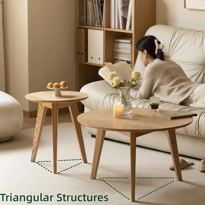 100% Solid Oak Wood Coffee Table Set, Round Coffee Table Combo Side Table w/Solid Wood Legs, Mid Century Table Sturdy Tables for Bedroom Balcony Living Room (Natural, Big-Medium Combo)-HomvellaHome