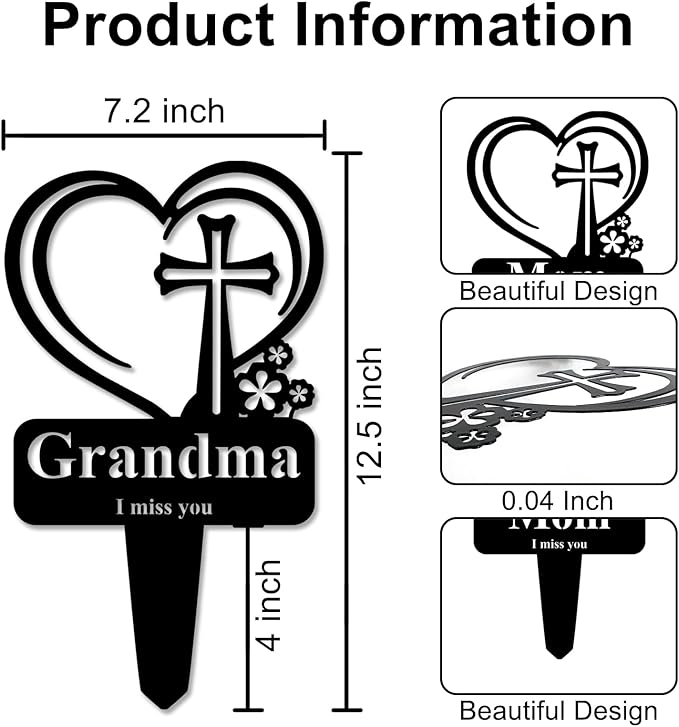 Grandma Memorial Grave Stake, Cemetery Decorations for Grave Markers 12.5 x 7.2 inch Heart Metal Sympathy Stakes Graveside Plaque Decor Sign for Grandma Graves, Yard, Garden - Black-Grandma-HomvellaHome