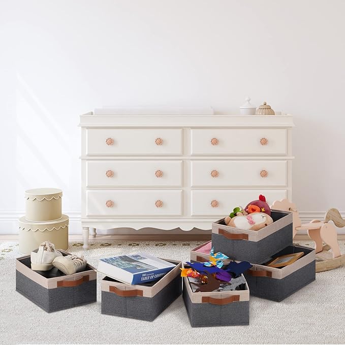 GhvyenntteS Small Fabric Storage Bins 12 Pack, 11.8" x 7.87" x 5.11" Storage Basket with Leather Handles, Closet Storage Bins for Shelves, Storage Baskets for Shelves, DVD Storage (Grey&Beige Yellow)-HomvellaHome