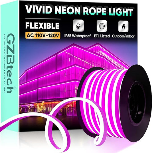 GZBtech Flexible LED Neon Rope Lights 50FT,AC 110-120V Waterproof Strip Light, 120 LEDs/M Cuttable Connectable Neon Lighting for Indoor Outdoor Home Decor/Commercial Building Use-Pink 15M-HomvellaHome