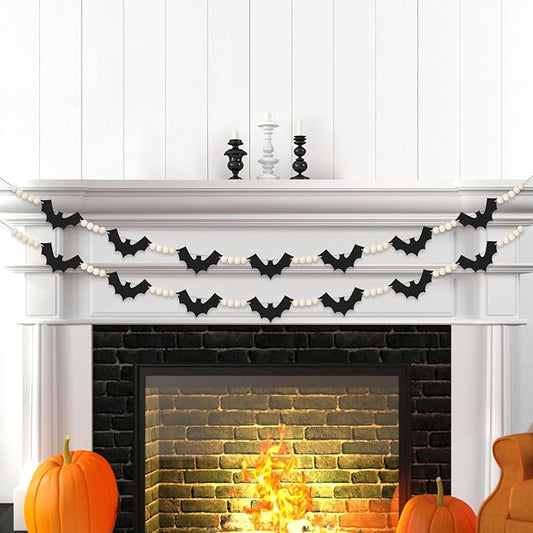 2 Packs Halloween Decorations Garland, Felt Bats Halloween Decor Banner with Wood Beads for Fireplace Mantel Fireplace Home Indoor-HomvellaHome
