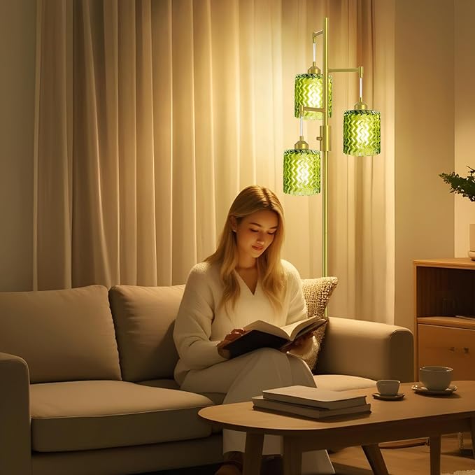 Gold Floor Lamp for Living Room, Vintage 3-Light Green Glass Standing Lamp, Brass Base Mid Century Modern, Retro Tree Design Tall Floor Lamps-HomvellaHome