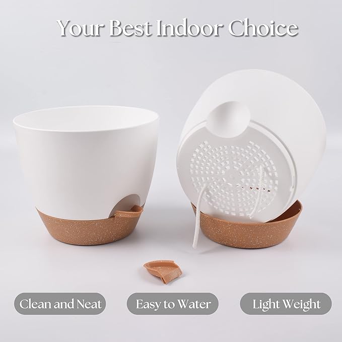 Giraffe Creation Plant Pots Set of 5 (10/9/8/7.5/7 inch), Self-Watering Indoor & Outdoor Flower Planters with Drainage Hole and Reservoir, White-HomvellaHome