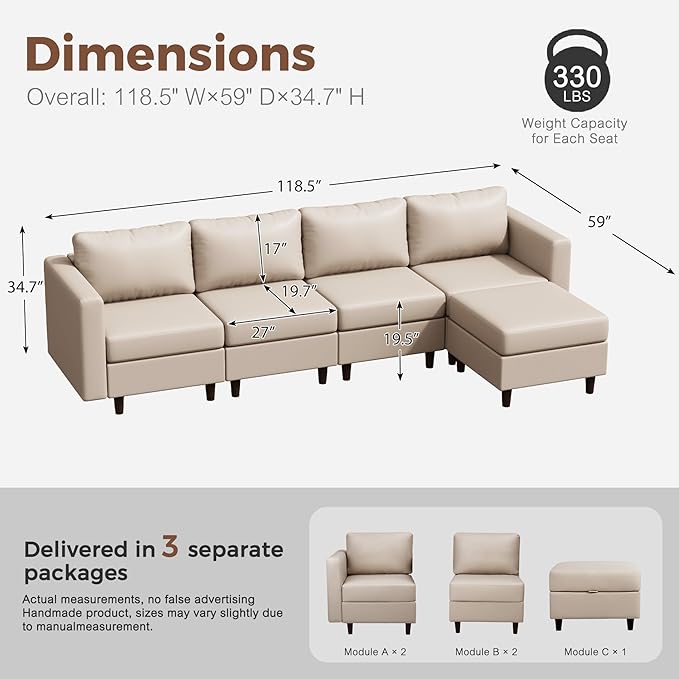 118.5" Faux Leather Modular Sectional Sofa, L Shaped Couch Set for Living Room, 5-Seater Comfy Cloud Couches with Movable Storage Ottoman,DIY Combination - Whitesand-HomvellaHome