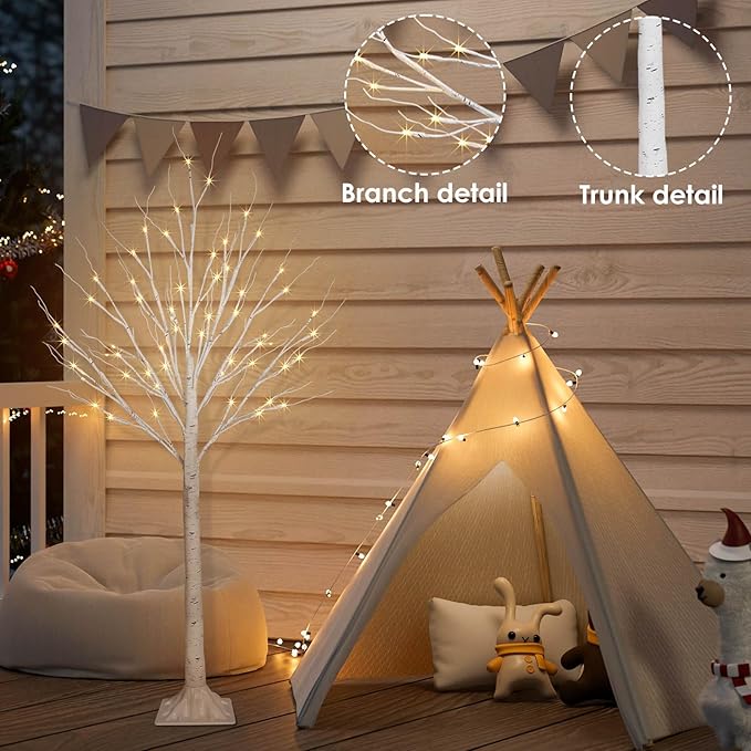2 Pack 4FT 100LED Christmas Lighted Birch Tree, Timer Function Prelit Artificial Tree Lamp Plug in with Warm White Lights, 2 Modes Twinkling Twig Trees for Indoor Outdoor Party Christmas Decorations-HomvellaHome