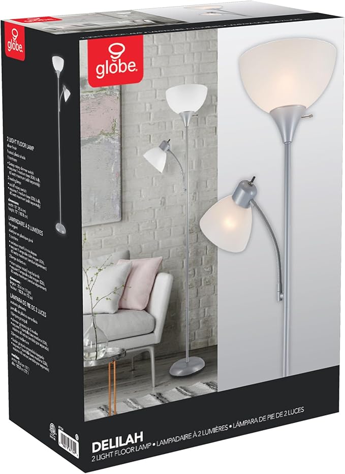 GLOBE Electric 67134 72" Torchiere Floor Lamp and Adjustable Reading Light, Silver, Frosted Shade, Dual Rotary Switch, 3-Step Dimming, Modern Lighting for Living Room or Office, Timeless-HomvellaHome