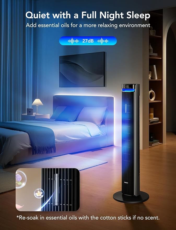 GoveeLife 42'' Tower Fan for Bedroom, Smart Floor Fans with 150° Adjustable Oscillating, APP & Voice Control, 5 Modes 12 Speeds up to 26ft/s, 24H Timer, 27dB Quiet Fan for Cooling Home Office Silver-HomvellaHome