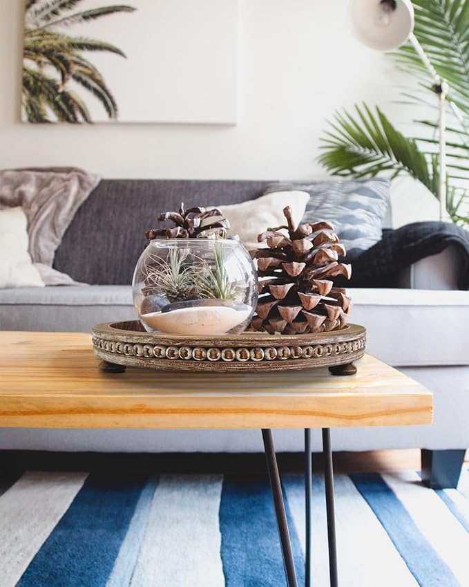12 Inches Rustic Wooden Decorative Tray, Small Round Beaded Wood Tray for Kitchen Dinning Table Centerpiece Decor Entryway Living Room Home Decor, Brown-HomvellaHome
