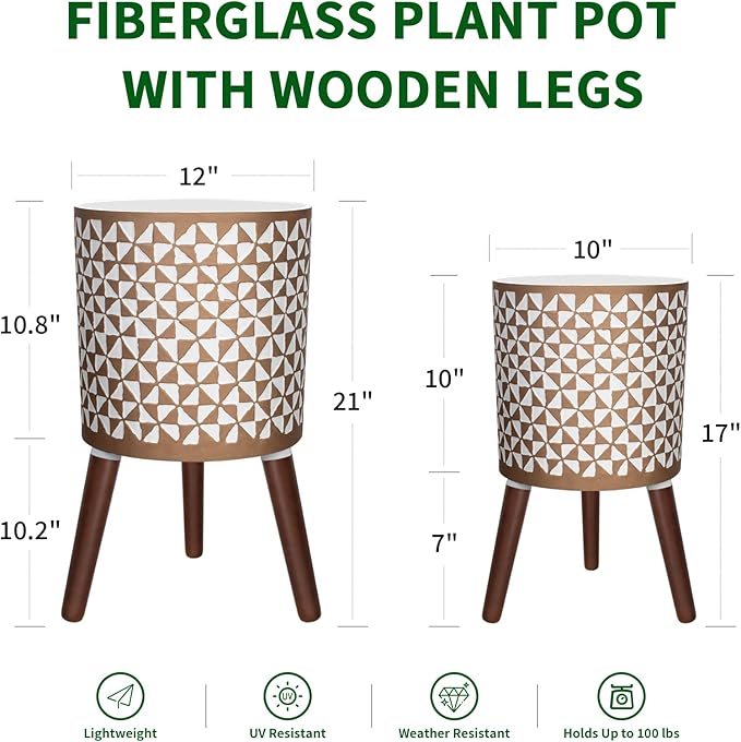 10 & 12 Inches Plant Pot with Stand, Large Modern Standing Planters for Indoor Outdoor Plants with Drainage Holes, Big Gold Floral Embossed Flower Pots with Legs-HomvellaHome