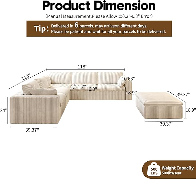 118" 6-Seater Cloud Sofa,Modular Sectional Couch with Ottoman,Modern Deep Seat Upholstered Couches with Plush Corduroy Fabric for Living Room Furniture,Bedroom and Apartment,No Assembly Required,White-HomvellaHome
