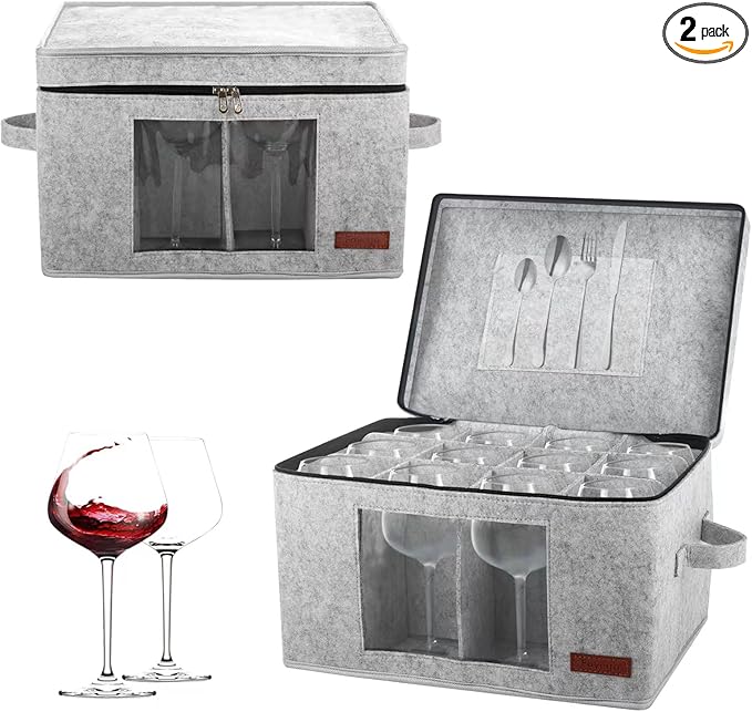 2 Pack Wine Glass Storage Box with Dividers, Stemware Storage Containers for Packing and Moving, China Storage Containers Box for 12 Crystal Glassware, Wine Glasses, Drinkware,Light Gray-HomvellaHome