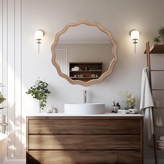 Round Mirror Vanity Mirrors for Bathroom with Wavy Wood & Beaded Frame - Wall Mirrors for Living Room,Entry Mirrors for Wall,Decorative Mirror-HomvellaHome