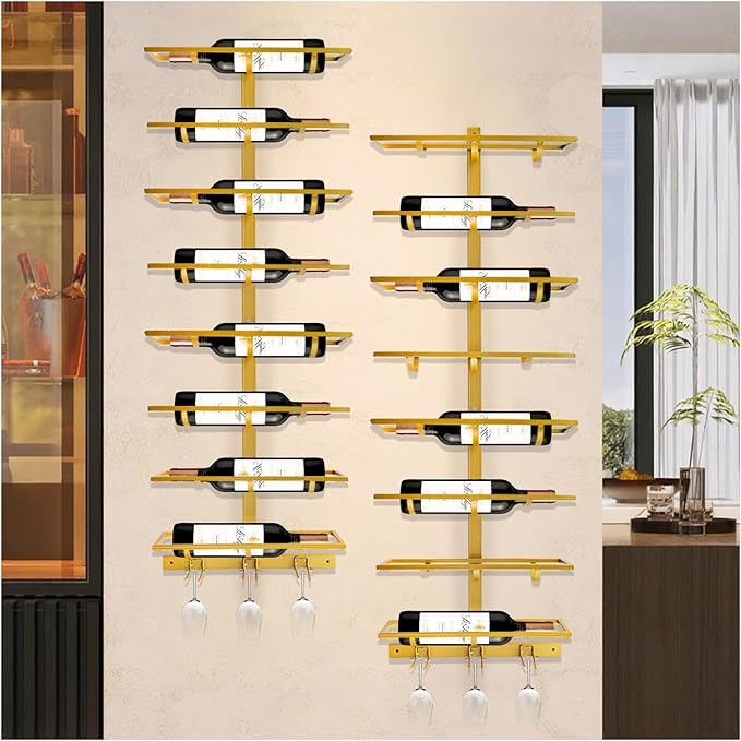 16 Bottle Wall Mount Wine Rack with Wine Glass Holder, Metal Wine Wall Rack, Wall Racks for Wine Bottles Display and Storage, Hanging Bottle Organizer for Living Dining Room Wine Cellar Bar (Gold)-HomvellaHome
