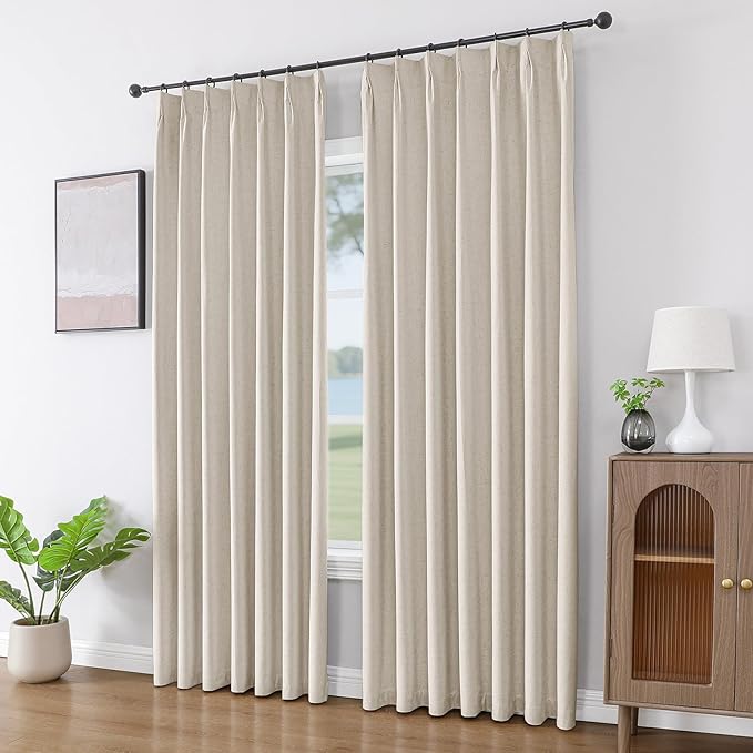 Joydeco Pinch Pleated Linen Curtains Darkening Drapes for Bedroom, 100% Blackout Drapes 96 inches Long 2 Panels Heat Blocking Curtains(Ecru,40'' Wx96'' L)-HomvellaHome