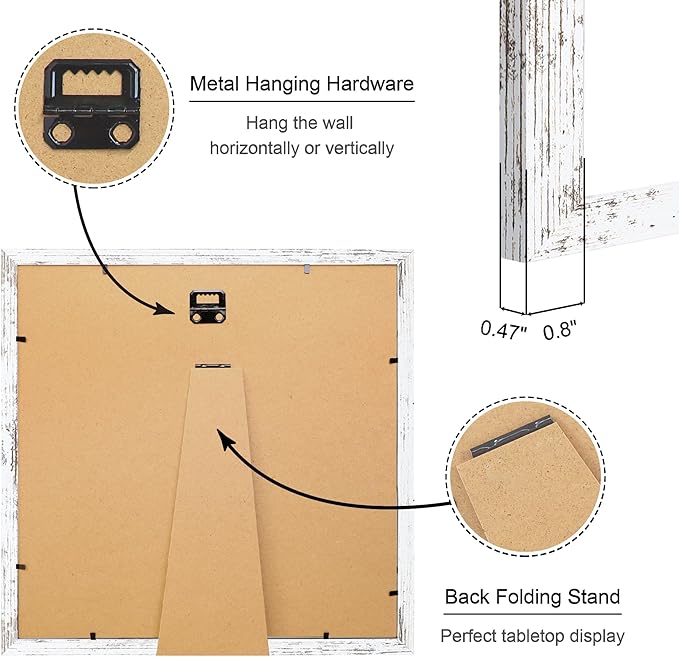 12x12 Picture Frame Set of 4, 12 x 12 Wood Photo Frames with Mat for 10x10 or 30x30cm Diamond Painting Art, Wooden Frame with Real Glass Cover for Wall and Tabletop Display,Distressed White-HomvellaHome