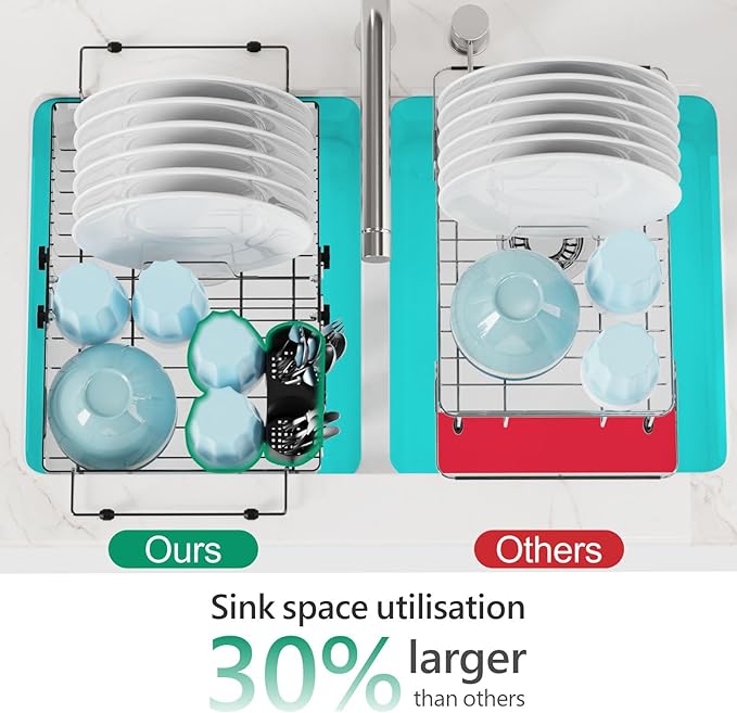 GSlife Expandable Dish Drying Rack - Stainless Steel Capacity Adjustable Over The Sink Rack (10.8''-17.9'') with Sink Mat, Dish Drainer for Kitchen Sink Counter with Utensil Holder, Silver-HomvellaHome