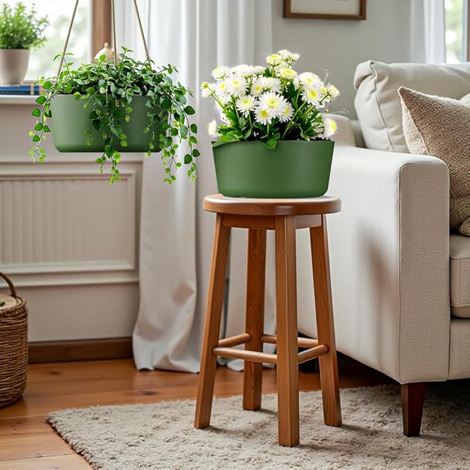 10.7 Inch Hanging Planter for Outdoor Indoor Plants，2 Pack Hanging Flower Pots with Drain Holes for Garden Home Decor Use (Dark Green)-HomvellaHome