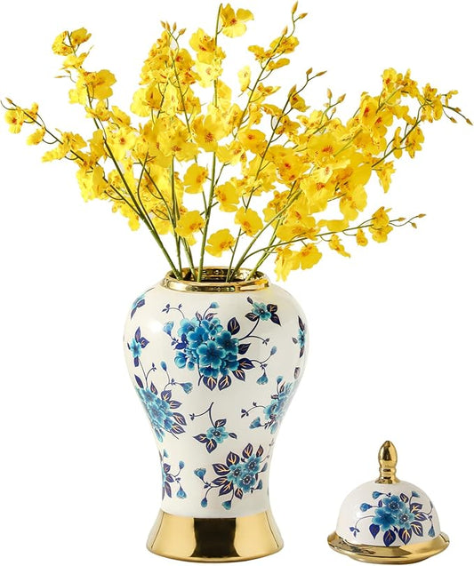 Ginger Jars for Home Decor, White and Gold Vase, Porcelain Ginger Jar Chinoiserie Blue and White Vase with Gold Trim and Floral Pattern, Ceramic Flower Vase for Home, Temple and Storage Jars(18in)-HomvellaHome