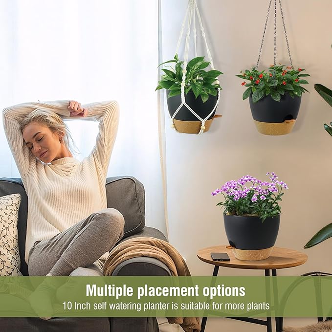 10 inch Self Watering Hanging Planters, 2 Pack Hanging Flower Pots for Indoor Outdoor Plants, Hanging Baskets with Drainage Holes & 2 Kinds of Plant Hangers for Garden Home Decor, Black Brown-HomvellaHome