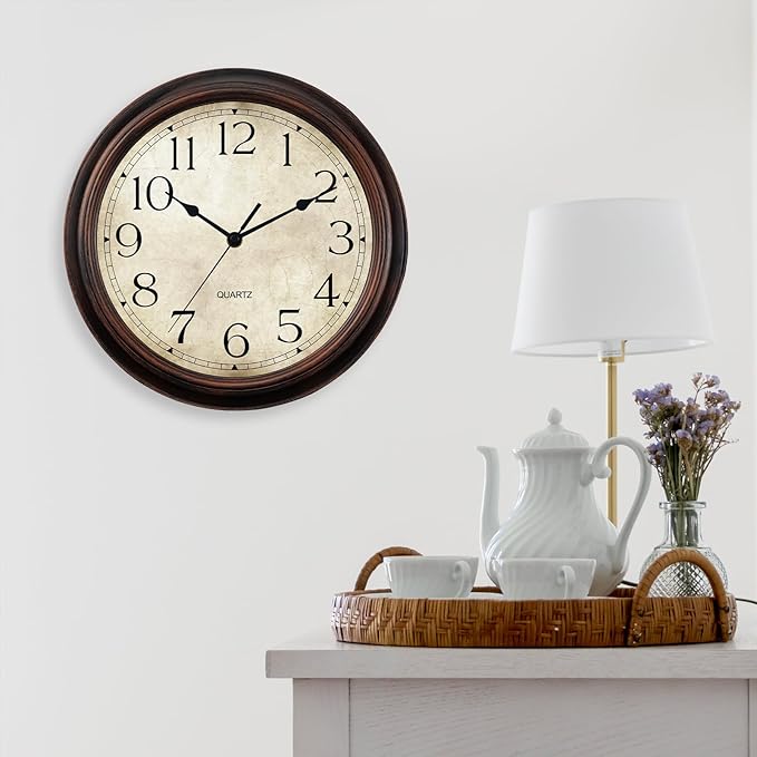 14 Inch Wall Clocks Battery Operated Silent Non-Ticking Analog Wall Clock Vintage Retro Rustic Style Decorative for Living Room Kitchen Home Office(Bronze)-HomvellaHome