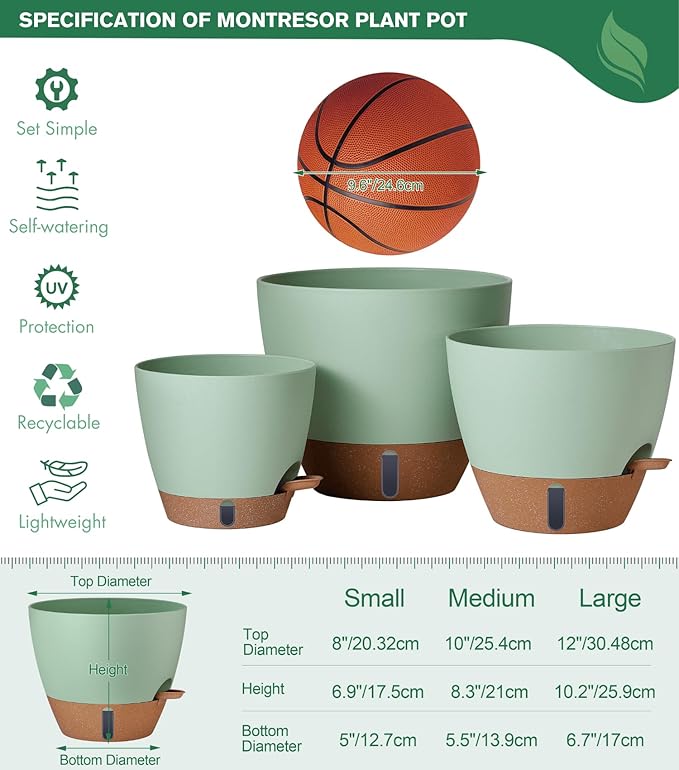 12/10/8 Inch Self Watering Pots for Indoor Plants Plastic Large Plant Pot for Outdoor Plants, Water Level Window & Spacious Reservoir Flower Pots Decorative Planter with Drainage and Tray (Green)-HomvellaHome