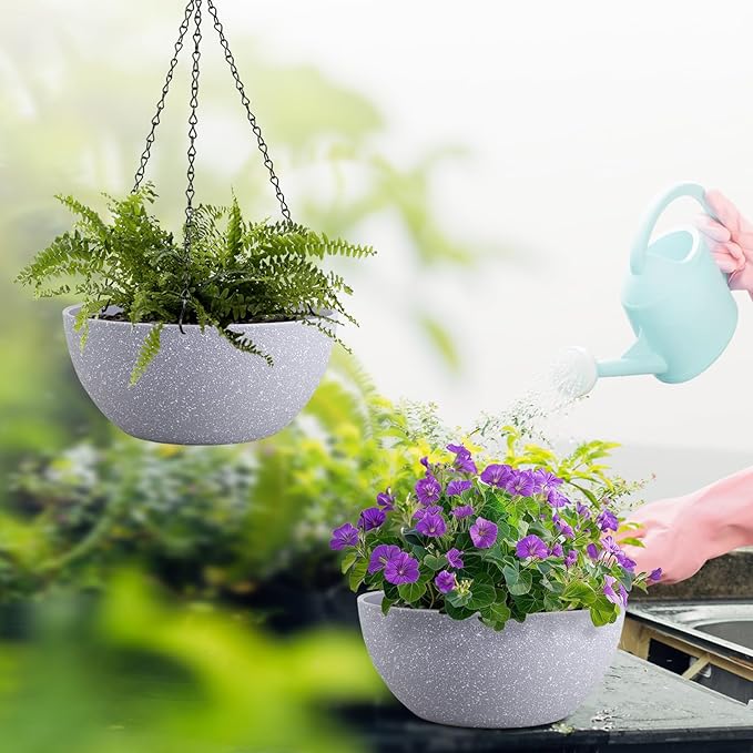 10 inch Hanging Planters for Outdoor Indoor Plants with Drainage Holes and Chain, 2 Pack Round Hanging Flower Plant Pots for Garden Home Porch Decor, Speckled Grey-HomvellaHome