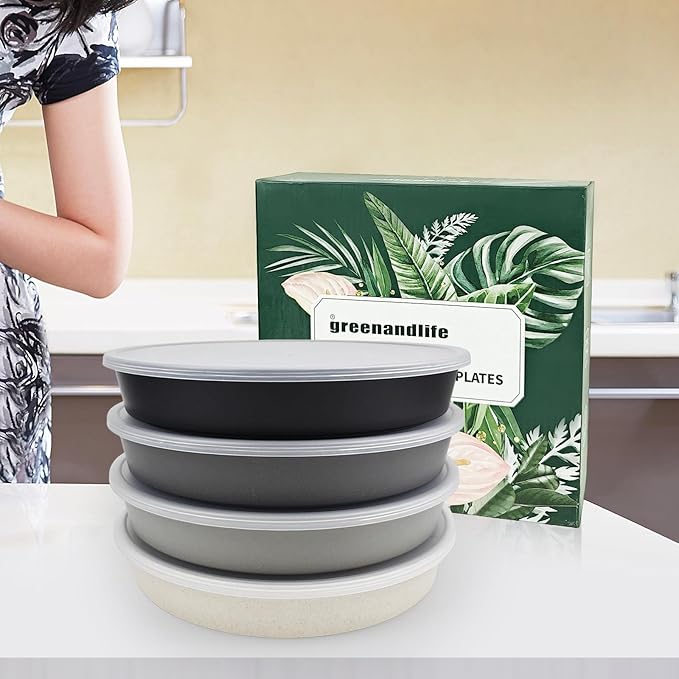 greenandlife 9 Inch 4PCS Divided Plates with Lids, Portion Control Plates for Kids Adults, Dishwasher Microwave Safe Compartment Plate, Unbreakable Lightweight Reusable Wheat Straw Plate, Grey Black-HomvellaHome
