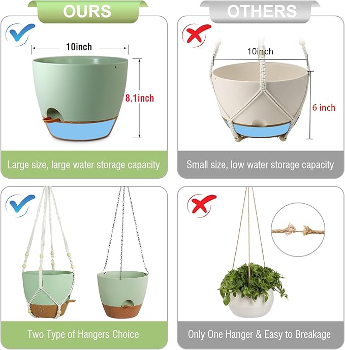 10 inch Self Watering Hanging Planters for Indoor Plants, 2 Pack Hanging Baskets for Outdoor Plants, Hanging Flower Pots with Drainage Holes & 2 Kinds of Plant Hangers for Home Decor, Green-HomvellaHome