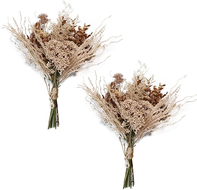 2 Pack Boho Artificial Flowers Plants Bouquet Decoration 13.8inch, Fake Plastic Brown Eucalyptus and Beige Grasses, Faux Floral Arrangement for Wedding Centerpieces Party Home Fall Decor-HomvellaHome