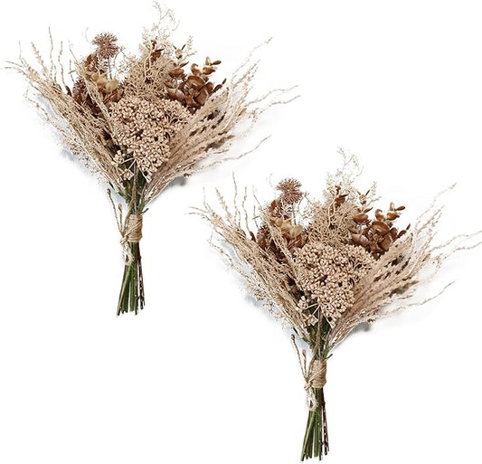 2 Pack Boho Artificial Flowers Plants Bouquet Decoration 13.8inch, Fake Plastic Brown Eucalyptus and Beige Grasses, Faux Floral Arrangement for Wedding Centerpieces Party Home Fall Decor-HomvellaHome