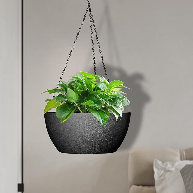 10 inch Hanging Planters for Outdoor Indoor Plants with Drainage Holes and Chain, 2 Pack Round Hanging Flower Pots for Garden Home Porch Decor, Black-HomvellaHome