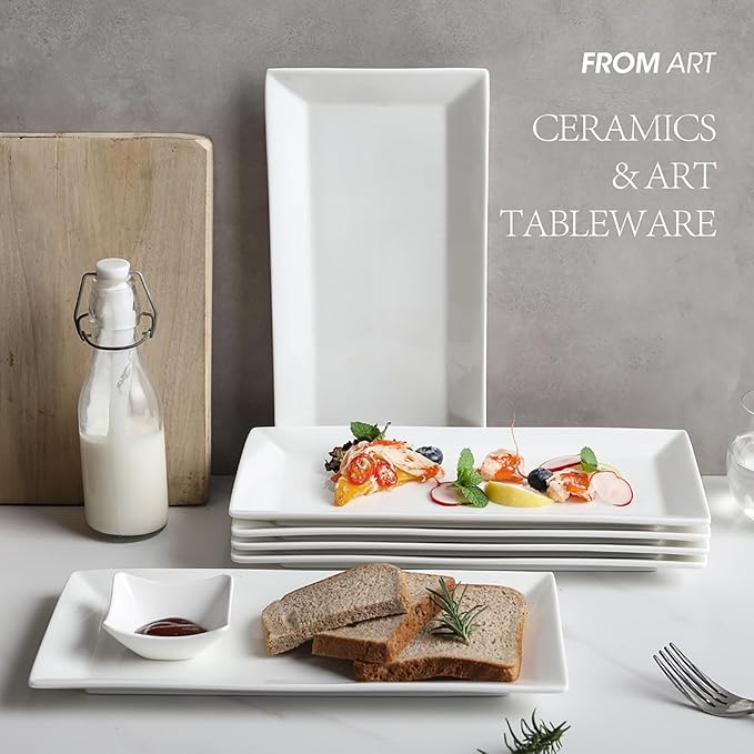 12" Serving Platters Set of 4, White Rectangular Plates, Ceramic Serving Tray, Stackable Large Party Plates for Appetizer, Dessert, Steak, Sushi, Housewarming, Oven Dishwasher Safe-HomvellaHome