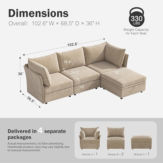 102.6" U Shaped Modular Sectional Sofa, 5 Seater Couch with Storage Ottoman Deep Seat and High Backrest with Removable Cover for Living Room, Apartment - Chenille Beige-HomvellaHome