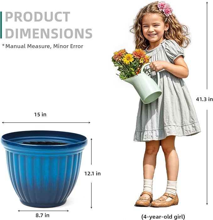 15" H Large Flower Pots, Set of 2 Plastic Planters for Outdoor Plants with Gradient Blue Finish and 3D Textures, Weather-Resistant for Porch, Garden, Patio or Indoor Use-HomvellaHome