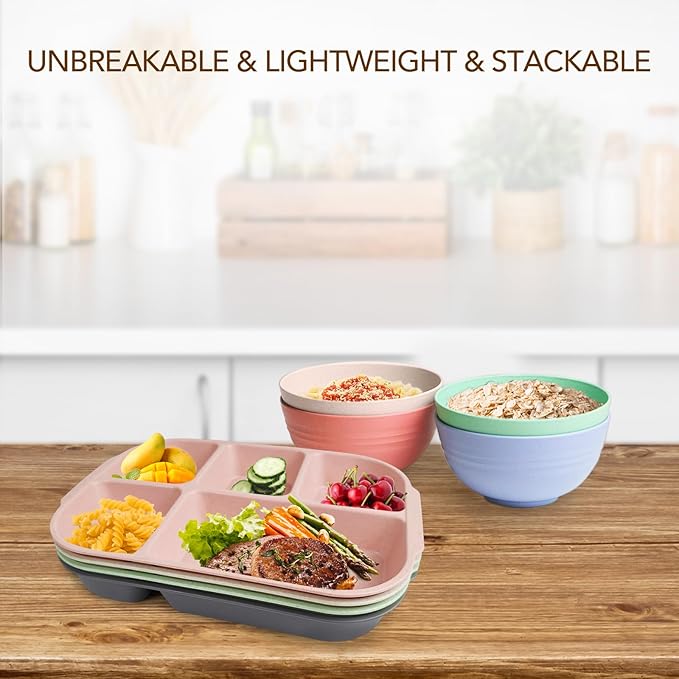 greenandlife 10.8 Inch 4PCS Divided Plates for Kids Adults, Portion Control Plates, Dishwasher & Microwave Safe Compartment Plate, Unbreakable Lightweight Reusable Wheat Straw Plates, INS-HomvellaHome