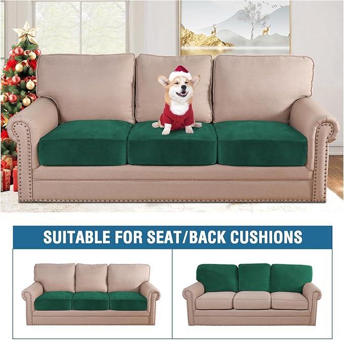 H.VERSAILTEX Velvet Stretch Couch Cushion Cover Plush Cushion Slipcover Cushion Furniture Protector Seat Cushion Sofa Cover (3 Piece XL Sofa Cushion Covers, Vintage Green)-HomvellaHome