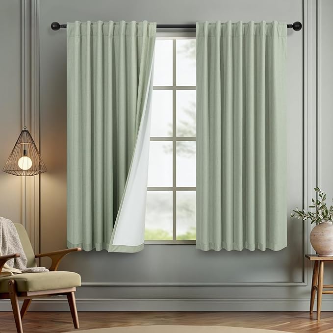 Green Country Kitchen Curtains 45 Inch Length Short Small Basement Window Blackout Cooling Curtains for Summer Heat Linen Cafe Bathroom Classroom Dorm RV Camper Sage Green Drapes with White Backing-HomvellaHome
