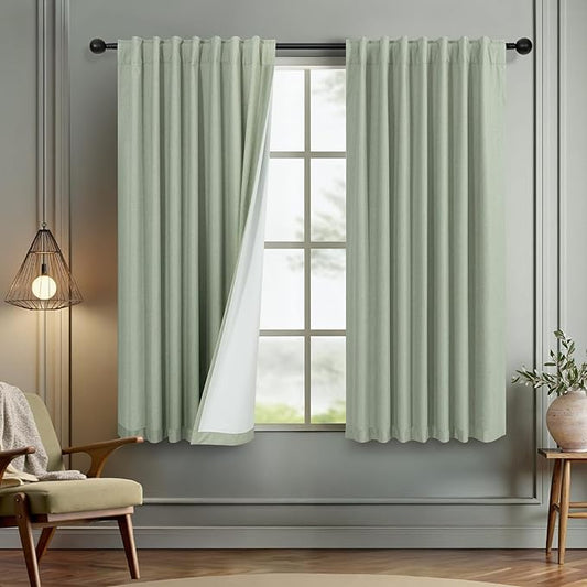 Green Country Kitchen Curtains 45 Inch Length Short Small Basement Window Blackout Cooling Curtains for Summer Heat Linen Cafe Bathroom Classroom Dorm RV Camper Sage Green Drapes with White Backing-HomvellaHome