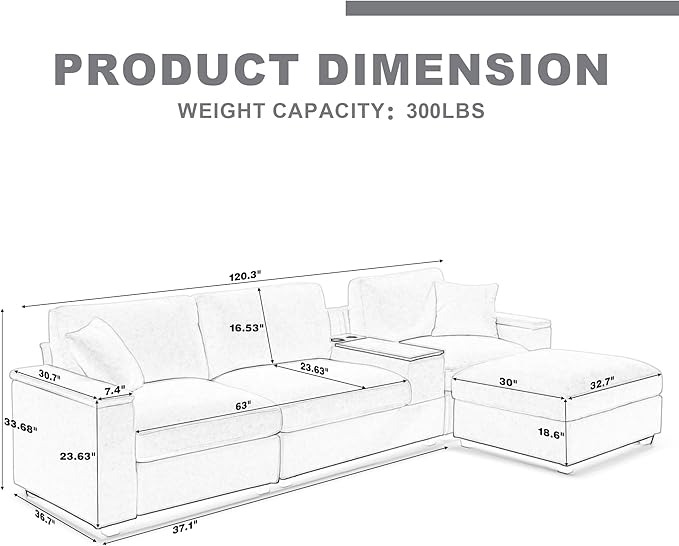 120.3" Modern L-Shaped Sectional Sofa with 360°Swivel Drop-Down Table, Storage Armrest, USB Ports & Movable Storage Ottoman – Plush Linen Cloud Couch for Lounge (Grey)-HomvellaHome