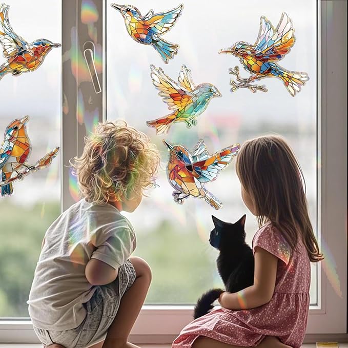 12pcs Window Decals for Bird Strikes, Anti Collision Window Clings, Rainbow Reflection Window Sticker, Hummingbird Style Sun Catcher Stickers for Glass Windows-HomvellaHome